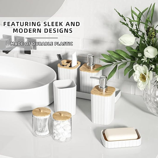 Bathroom Accessories Set - Elegant White Bathroom Set, 10PC Bathroom Accessory Set, Toilet Brush, Trash Can, Qtip Holder Dispenser & Soap Dispenser