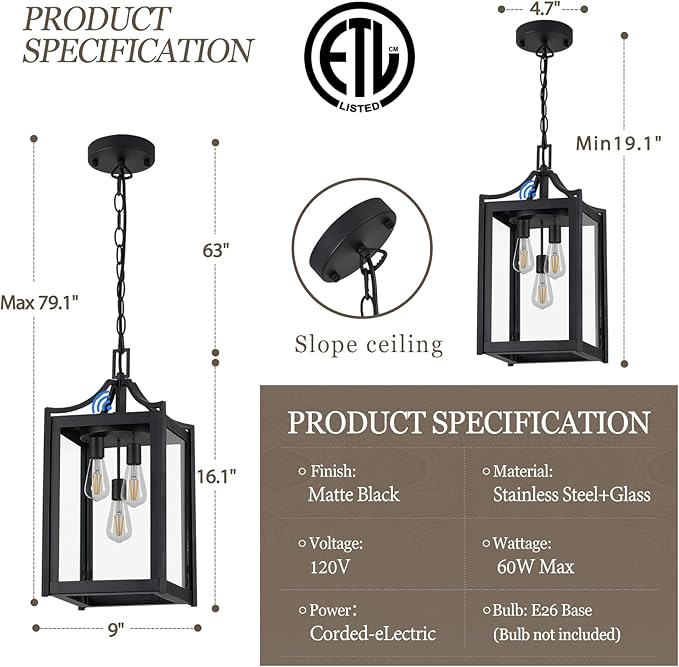 Outdoor Pendant Lights for Porch, 18.5" Large Dusk to Dawn Outdoor Chandelier with Clear Glass, Black Modern Hanging Porch Light, Adjustable Long Chain, OS-KY1004