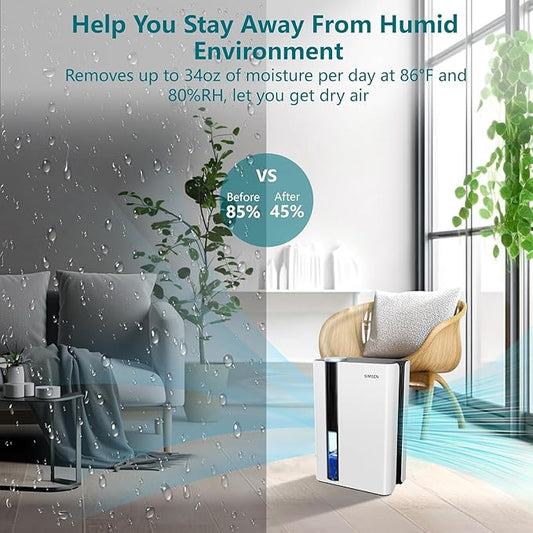 SIMSEN 95oz Dehumidifiers for Home, 800 sq ft Quiet Small Dehumidifier with Drain Hose, Dehumidifiers for Bedroom Bathroom Basements Closet RV (White)