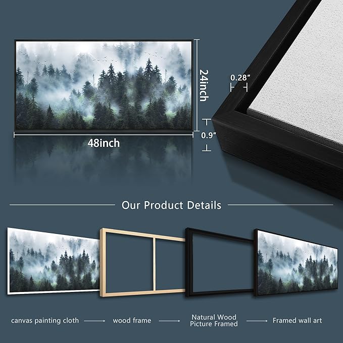 Wapluam Large Canvas Wall Art For Living Room, Office, Bedroom Wall Decorations - Black Framed Canvas Prints Artwork - Foggy Forest Landscape Pictures - Modern Wall Painting - Home Wall Art