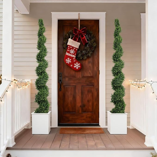 THE BLOOM TIMES 7ft Spiral Artificial Topiary Trees Set of 2, 82 inch Faux Cedar Trees for Outdoor Planters - Fake Twist Cypress Plants for Garden Front Porch Indoor Outside Christmas Decor 7 Foot