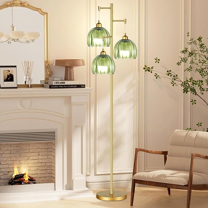 Modern Floor Lamp for Living Room Bedroom-3 Light Gold Floor Lamp with Glass Lampshape, Flower Tall Lamp Glass Standing Lamp Tree Green Floor Lamps for Living Room Bedroom,Corner