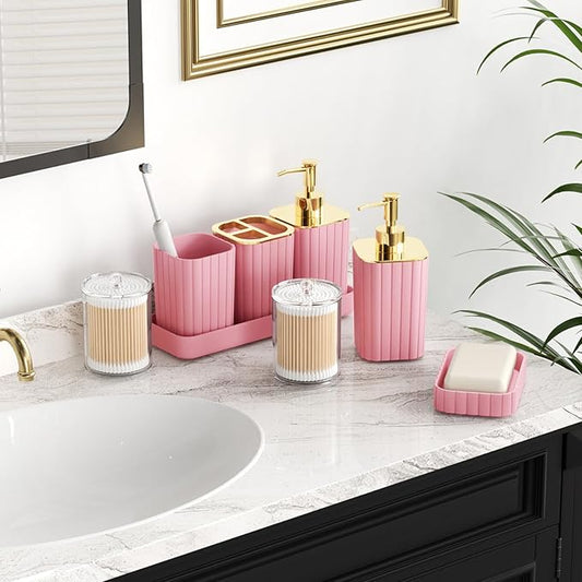 Pink Bathroom Set with Shower Curtain and Rugs- 25PC Bathroom Accessory Set, Pink Shower Curtain Set, Toilet Brush, Trash Can, Qtip Holder Dispenser & Soap Dispenser