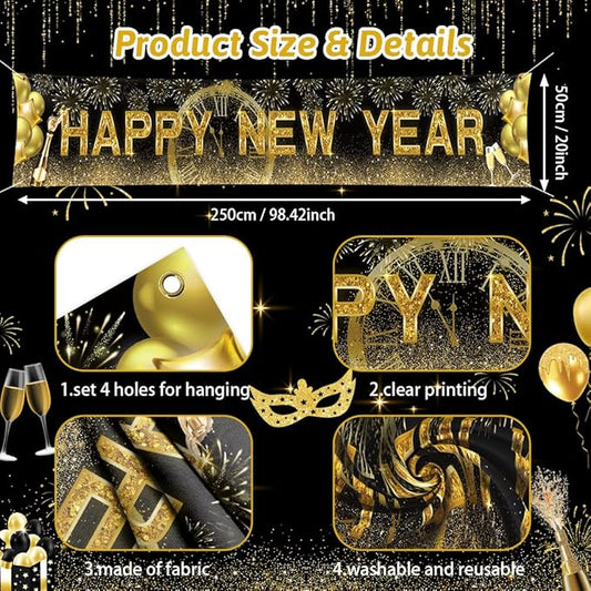New Years Eve Banner for 2026, Gold Happy New Year Backdrop Great New Yeras Decorations for Outdoor Indoor Home Wall 118x19.69inch