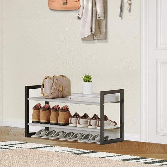 Shoe Rack for Closet & Entryway, Stackable 2-Tier Shoe Organizer, Welded Metal Frame, Semi-Assembled Fast Setup, 11.8" Deep Non-Woven Shelves, Space-Saving Shoe Storage, Black