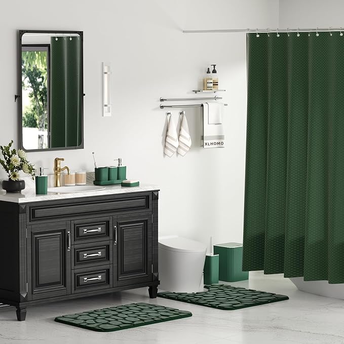 Bathroom Set- 25PC Green Bathroom Sets, Bathroom Set with Shower Curtain and Rugs, Dark Green Shower Curtain Set, Bathroom Accessories Set, Bathroom Trash Can