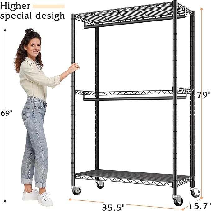Raybee Clothing Rack with Wheels,Clothes Rack for Hanging Clothes,Portable Closet,2 Shelves,Black