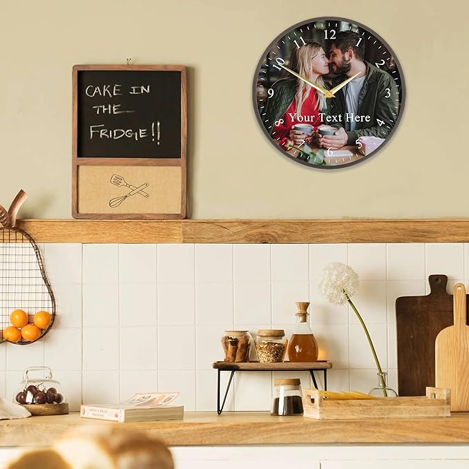 Custom Family Wall Clock with Photo Text, Personalized Picture Wall Clocks for Living Room Decor Customized Gift for Christmas Birthday Anniversary Wedding Valentine's Fits Kitchen Bathroom