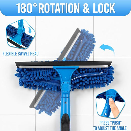 JTIEO 69'' Squeegee for Window Cleaning, 2-in-1 Window Squeegee Cleaner Tool with Extension Pole & Rotating Head, Blue Window Cleaning Kit for Shower Cleaner, Indoor & Outdoor Glass, High Window, Car
