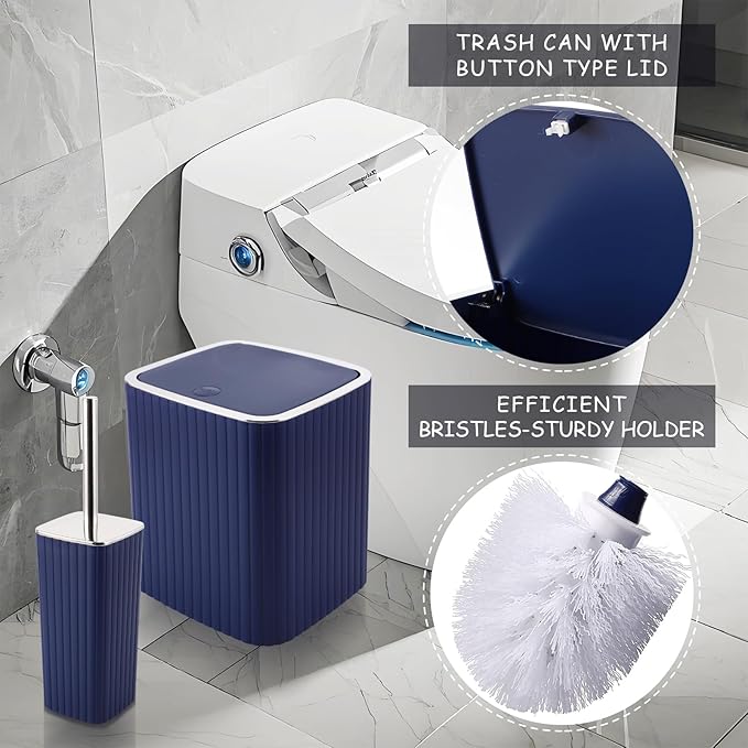 Navy Blue Bathroom Accessories Set - Gorgeous Bathroom Set, 10PC Bathroom Accessory Set, Toilet Brush, Trash Can, Qtip Holder Dispenser & Soap Dispenser