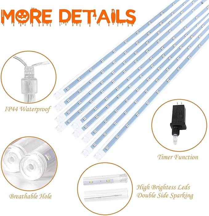 Outdoor Halloween Lights, 2 Pack Extendable Meteor Shower Lights Outdoor Waterproof with Timer, Total 432LED 18 Tubes Cascading String Light Plug in for Garden Halloween Yard (Orange Purple and Green)