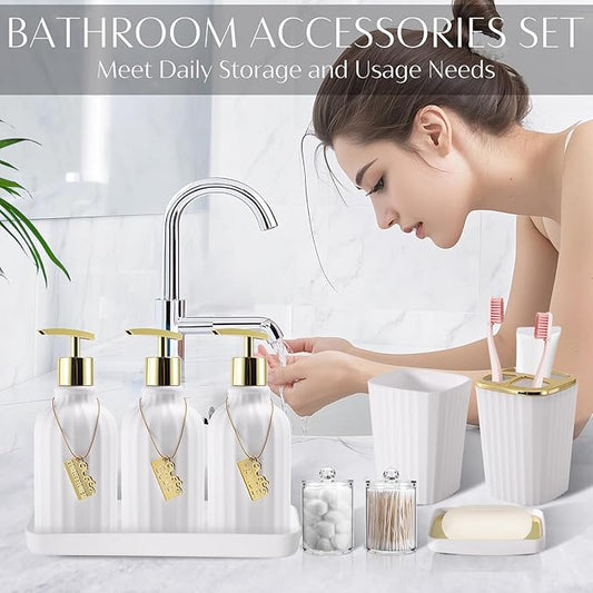 17PCS Bathroom Accessory Set Bathroom Set Gold Bathroom Accessories,Toilet Brush, Trash Can, Qtip Holder Dispenser& 3PCS Soap Dispenser