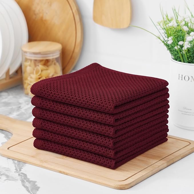Kitinjoy 100% Cotton Kitchen Dish Cloths, 12 Pack Waffle Weave Ultra Soft Absorbent Dish Towels for Drying Dishes Quick Drying Kitchen Towels Dish Rags, 12 X 12 Inches, Burgundy