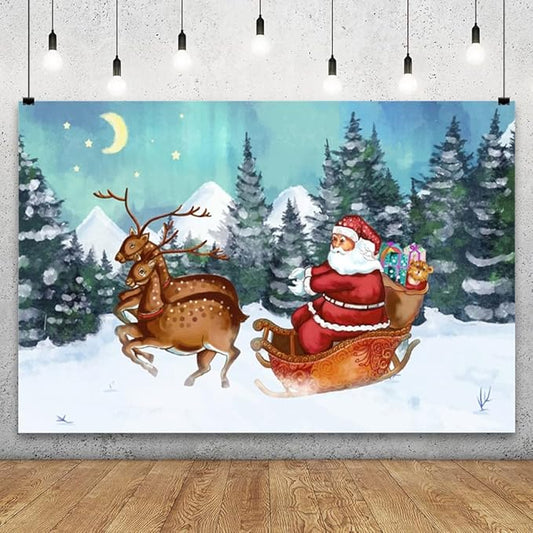 YongFoto Merry Christmas Backdrop 7x5ft Snow Mountain Pine Forest Santa Clause Elk Photography Background Happy New Year Xmas Eve Party Banner Room Decorations Photoshoot Wallpaper Photo Booth
