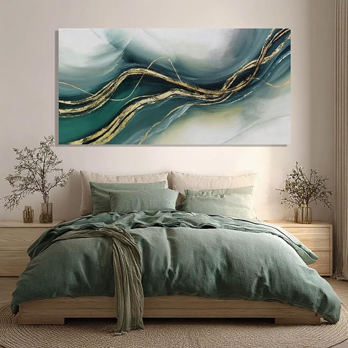 ZENPEE Gold and Green Modern Wall Art, Simple Abstract Canvas Prints, Wall Hangings & Posters for Living Room, Office & Hallway, 29" x 58"