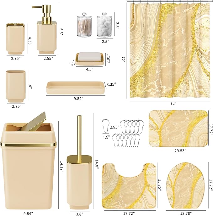 25PCS Bathroom Accessory Set, Beige Bathroom Set with Large-Capacity 4 Gallon Trash Can,Bathroom Rugs Set, Waterproof Shower Curtain, Toilet Brush, Toothbrush Holder & Soap Dispenser