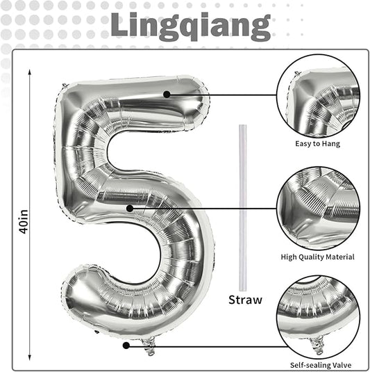40 Inch Silver Large Numbers Balloons 5, Self Inflating Digit 5 Helium Balloons for 5th Girls Boys, Foil Mylar Big Number Balloon Set 0-9 for Women Men Birthday Party Anniversary Supplies Decorations
