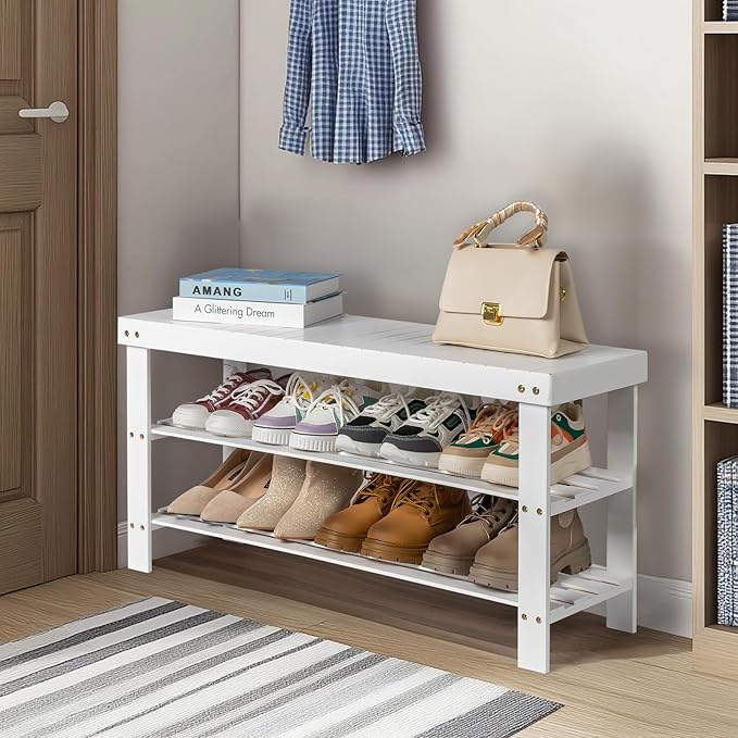 Bamboo Shoe Bench 90cm, 2-Tier White Color Slatted Entryway Bench, Multifunctional Storage Bench for Hallway Living Room