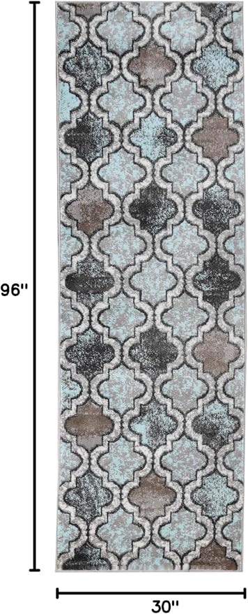 Superior Indoor Area Runner, Jute Backed, Perfect for Hallway, Living/Dining Room, Bedroom, Office, Kitchen, Entryway, Modern Geometric Trellis Floor Decor, Viking Collection, 2' 7" x 8', Turquoise
