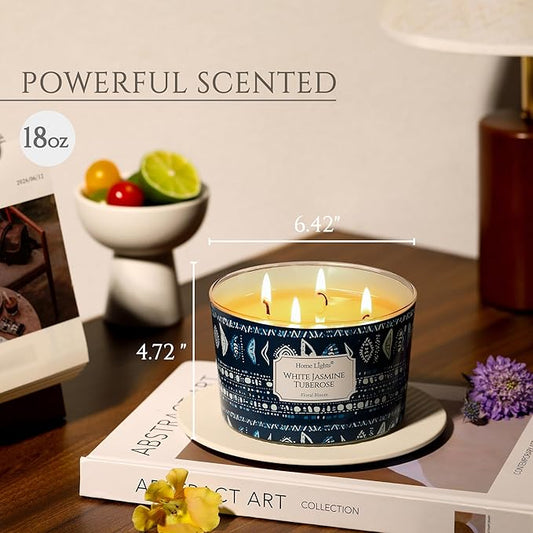 HomeLights Scented Candles for Women & Men, 18oz Candle Jars Aromatherapy 4-Wick Candle, Ideal for Bohemian Natural Textures Home Decor and Gifts, White Jasmine Tuberose