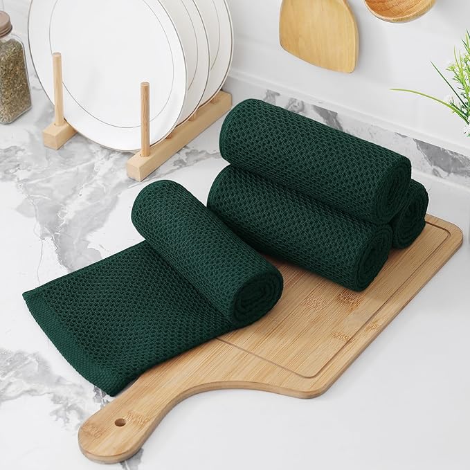 Kitinjoy 100% Cotton Waffle Weave Kitchen Towels, 12-Pack Super Soft and Absorbent Dish Towels for Drying Dishes, Kitchen Hand Towels, 13 in x 28 in, Blackish Green