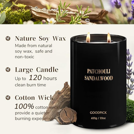 Goodpick Candles Patchouli Sandalwood, Fathers Day Gift, Soy Wax for Home Scented, 22oz 120 Hours Burn, Aromatherapy