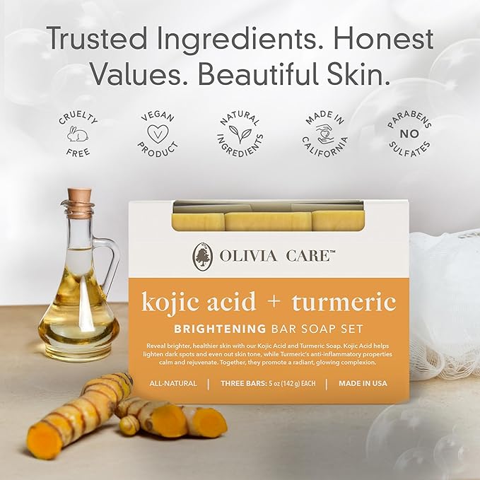 Kojic Acid Soap with Turmeric - Skin Illuminating & Spot Balancing - Natural Face & Body Soap - Evens Complexion - Organic Ingredients - Set of 3