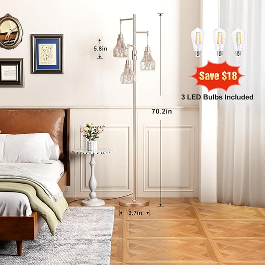 Dimmable Floor Lamps for Living Room, Industrial Tree Standing Tall Lamps with 3 Elegant Cage Shade & 650 Lumens LED Bulbs for Bedroom Office - Light Gold