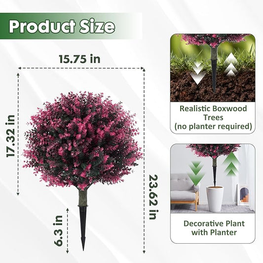 Pair(2) Artificial Rose Boxwood Topiary Ball Bush for Outdoor with Ground Spike,28" UV Resistant Faux Boxwood Ball Tree, Fake Rose Boxwood Plants for Garden, Yard, Porch, Patio Decor