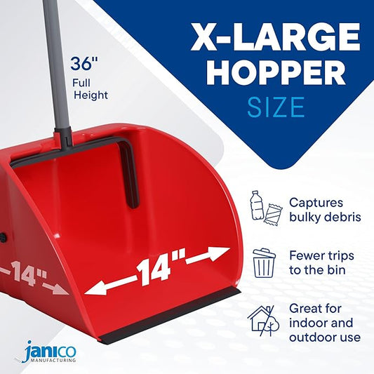 Janico Tall Commercial Dust Pan with Handle – 10 Pack – Indoor/Outdoor Heavy Duty Large Upright Standing Dust Pans with Long Handle – 12-Inch Wide Plastic Stand Up Lobby Dustpan Only with Broom Clip