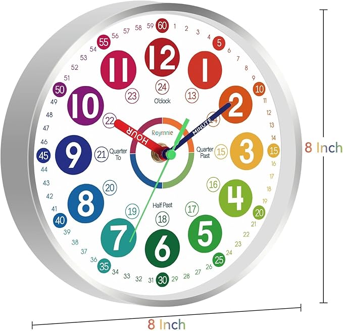 Wall Clock for Kids Learning - Teaching Time Wall Clocks Battery Operated Silent Non Ticking - Analog Colorful Clock Decorative for Kids Room Classroom School(8 Inch&Silver)
