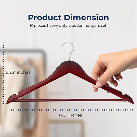 SereneLife 10-Pack Wooden Coat Hangers – Durable Suit Hangers with 360° Swivel Hook & Notches – Slim Design for Sweater, Shirts, Jackets, Dresses, and More