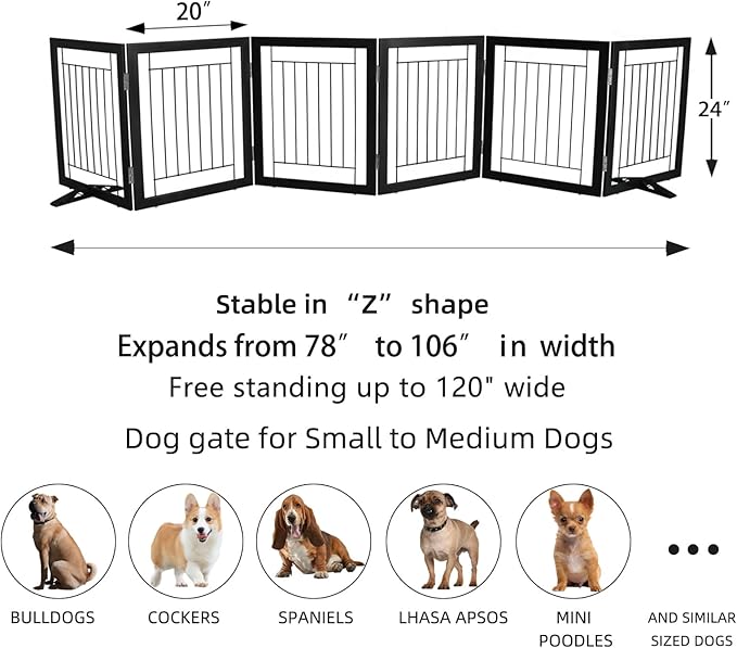 ZJSF Freestanding Dog Gate Indoor, Foldable Dog Fence for Doorways,Hallways or Stairs, Sturdy Wood Extra Wide Pet Gate with Support Feet,Black,24 "Height-6 Panels