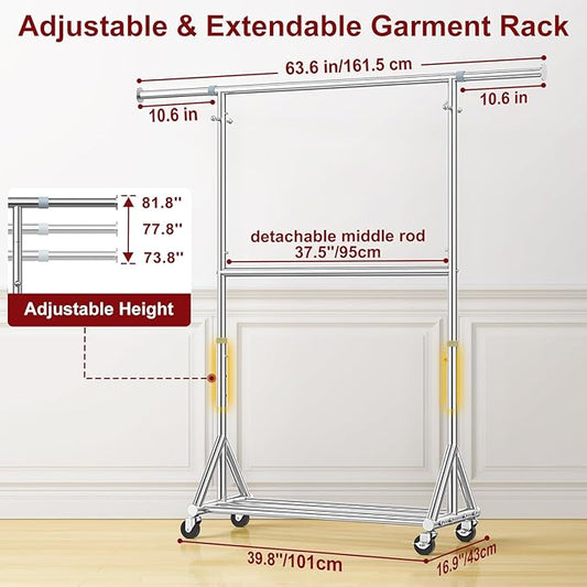100% Stainless Steel Heavy Duty Clothes Rack Load 860LBS, Rolling Double Rods Clothing Racks for Hanging Clothes, Adjustbale Garment Rack With Sturdy Wheels Shelf, Portable Closet Rack Free Standing