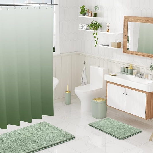 Sage Green Bathroom Set - 24PC Bathroom Sets with Shower Curtain and Rugs, Sage Green Bathroom Accessories Set with Press-on Lid Bathroom Trash Can, Soap Dispenser