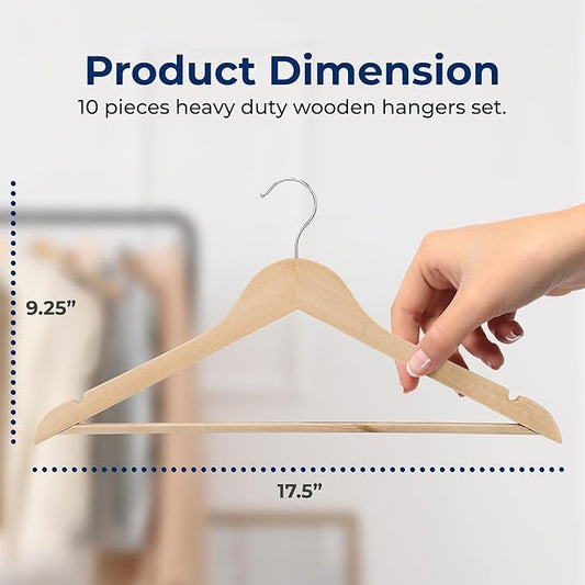 SereneLife 10-Pack Wooden Coat Hangers – Durable Suit Hangers with 360° Swivel Hook & Notches – Slim Design for Sweater, Shirts, Jackets, Dresses, and More
