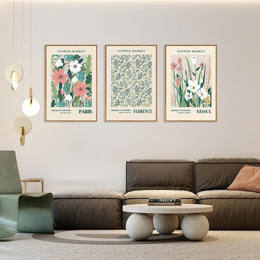 HLNIUC Flower Market Wall Art Prints, Boho Floral Wall Decor, Large Matisse Sage Green 24"x36" Framed Art Set of 3, Abstract Colorful Botanical Painting for Living Room, Bedroom, Office