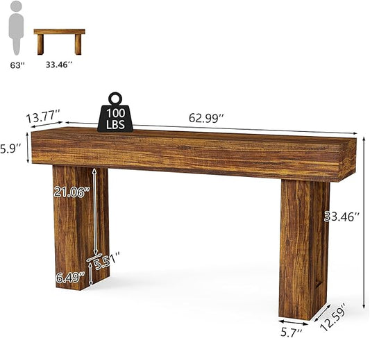 Vibe & Dine 63" Entryway Table, Farmhouse 2-Tier Console Table with U-Shaped Base, Narrow Long Wood Couch Table Behind Sofa for Living Room, Hallway, Foyer, Rustic Brown