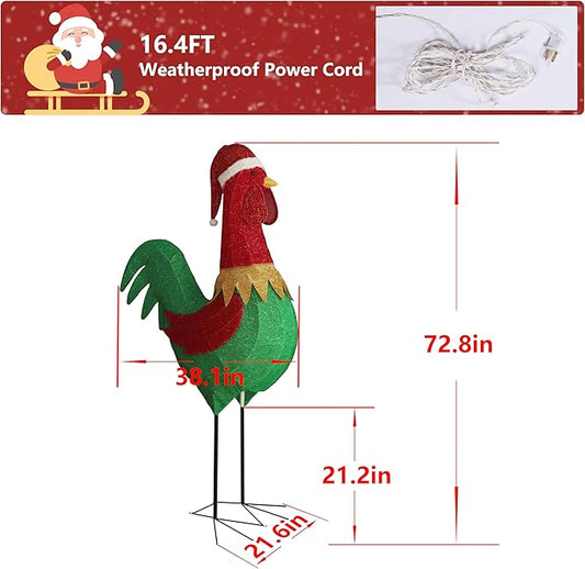 6FT Lighted Rooster with Christmas Hat for Outdoor Christmas Decorations, 3D Pre-Lit Iridescent Rooster Xmas Decor, Glittered Standing Holiday Display Rooster for Outdoor, Indoor
