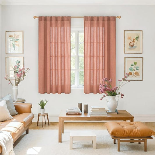 YoungsTex Rust Terracotta Linen Curtains 48 Inch Length,Burnt Orange Semi Sheer Drapes with Rod Pocket Back Tab Light Filtering for Short Living Room Windows, 2 Panels, 42 X 48 Inch