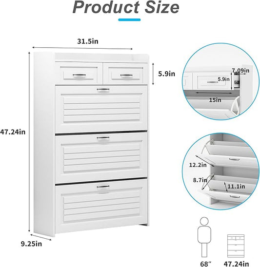 Vibe & Dine Narrow Shoe Organizer Cabinet with 3 Large Flip Drawers & 2 Storage Drawers - Slim Shoe Storage for Entryway, Hallway, Bedroom