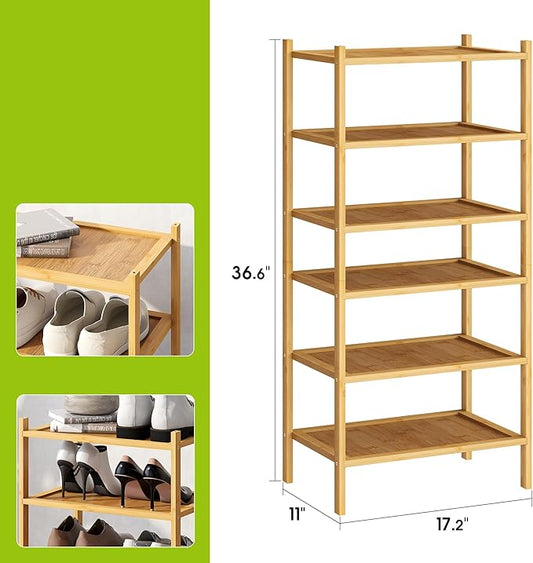 BMOSU 6-Tier Bamboo Small Shoe Rack Premium Stackable Shoe Shelf Storage Organizer for Hallway Closet Living Room Entryway Organizer(Natural)