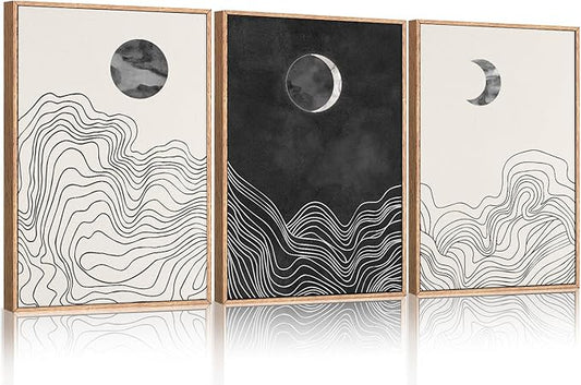 HLNIUC Black and White Abstract Wall Art Set of 3, Large Boho Framed Canvas Decor(24x36), Modern Celestial Sun Moon Painting, Geometric Line Mountain Art Print for Living Room, Bedroom, Office