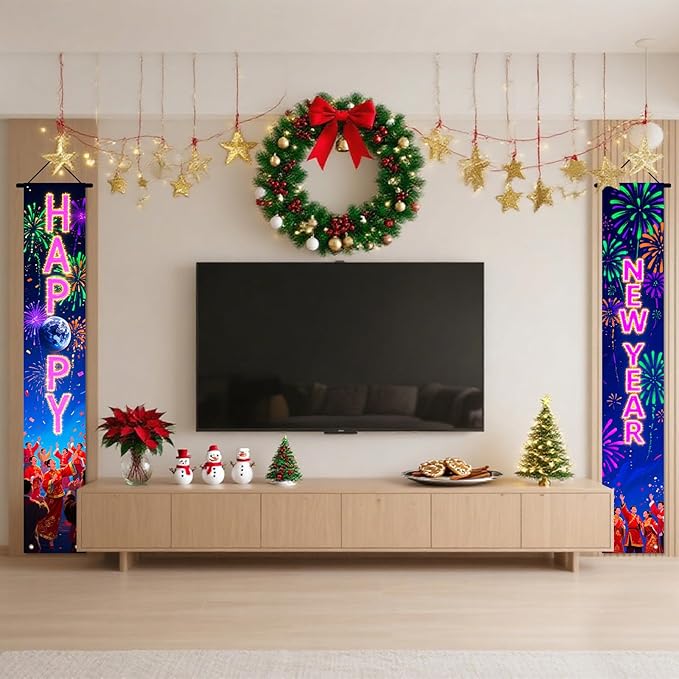Nuxovilar Happy New Year Banner, 70.86" x 11.81" Pink Purple Fireworks Hanging Decorations for Outdoor Indoor Home Wall