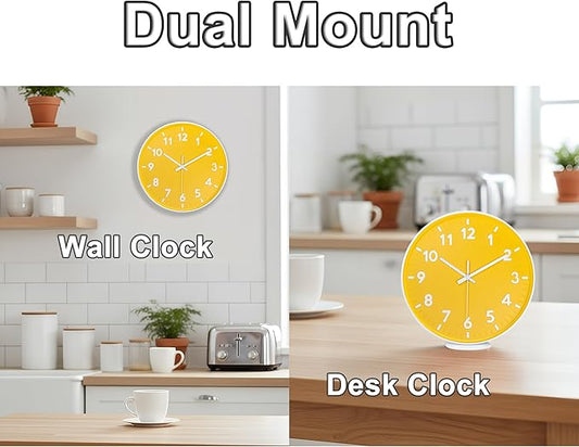 JENLYSTIME 12 Inch Modern Indoor Outdoor Clock,Round Bright Colorful Dial,Non Ticking Silent Quartz Battery Operated Wall Clocks,Easy to Read Simple Style Decor Clock for Bedroom,Kitchen(Yellow)