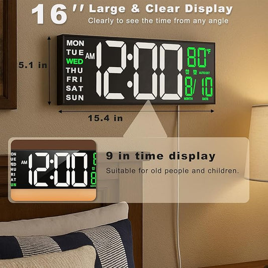 TrophyRak 16" Large Digital Wall Mount Clock, Count Down Timer, Alarm, Big LED, RGB Color, DST, Temperature for Living Room Classroom Desk, Wall, Xmas, Birthday Gift for Senior Mom Dad, White Green