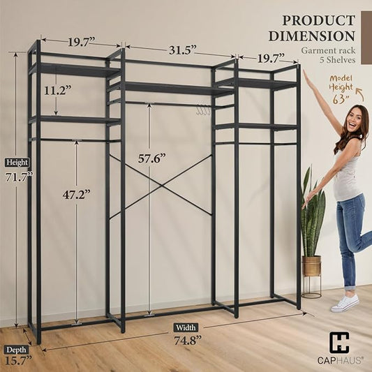 CAPHAUS 913lbs Capacity Garment Rack for Hanging Clothes, Heavy Duty Open Wardrobe w/Hanging Rods, Free Standing Closet Organizer, Clothing Rack, Metal Closet w/Wooden Boards, Black Vintage Board