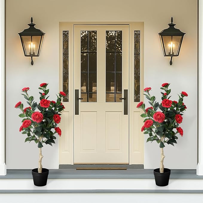 3FT Artificial Camellia Tree, 2 Pack Fake Camellia Tree Artificial Tree, Faux Floral Plants in Cement Pot, Greenery Potted Plant for Indoor Outdoor Home Office Porch Decor (Red)