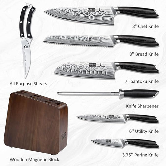 8 Pieces Knife Set with Magnetic Block, Ultra Sharp Powder Steel Knife Block Set, Professional Chef Knife Sets with Ergonomic Handle & Knife Sharpener