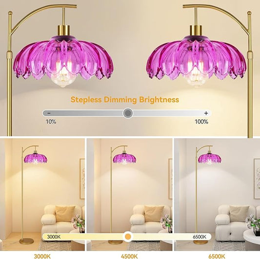 Vintage Floor Lamps for Living Room Arc Floor Lamp with Remote Control & Glass Lampshade,Mid Century Modern Standing Lamp Gold Tall Flower Lamp for Bedroom Living Room Corner